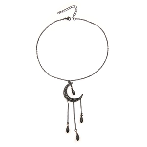 Detailed view of Gothic black crescent choker with blood-drop tassels and lobster clasp