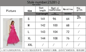 Size chart with measurements in cm for halter ruffle long dress styles 23281-2