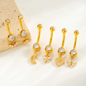 Set of 6 gold titanium belly rings with clear zircon butterfly, moon and heart pendants