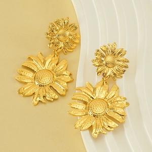 Vintage gold sunflower drop earrings in stainless steel with hammered texture finish