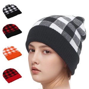 Knit Beanie Hat Women Acrylic Buffalo Plaid Checkerboard Pattern Folded Cuff Warm Winter Autumn Outdoor Windproof