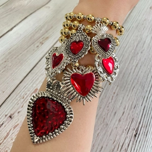 Bohemian multi-layer beaded bracelet set with vintage red heart charms and gold beads