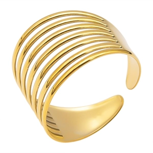 Polished 304 stainless steel multi-layer geometric line open ring in gold finish