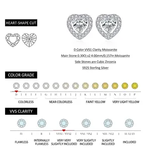 S925 Sterling Silver Heart Moissanite Stud Earrings D Color VVS1 Clarity for Women