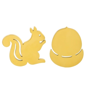 Asymmetric stainless steel earrings featuring a gold squirrel and nut silhouette design