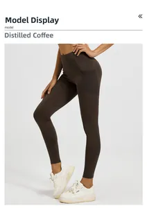 Detail view of high waist yoga pants in espresso brown with side mesh pockets