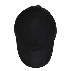 Classic black cotton flat top military cap with adjustable buckle and reinforced brim
