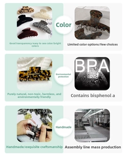 Comparaison détaillée de pinces à cheveux en acétate montrant une finition brillante durable