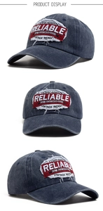 Detailed views of vintage washed cotton baseball cap with reliable embroidery and distressed finish