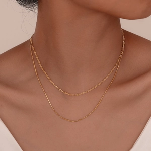 Double-layered gold stainless steel necklace with paperclip and snake chain details