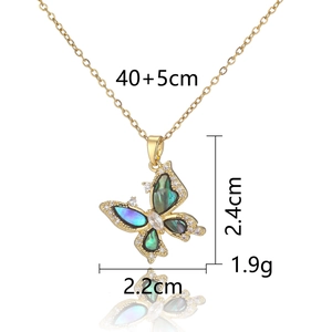 Detailed size specifications for gold butterfly pendant necklace with iridescent shell wings