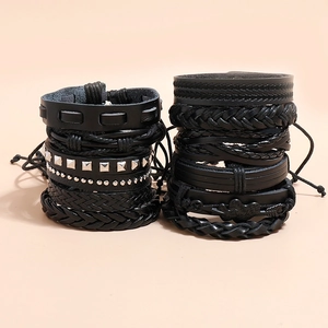 Retro multi-layer woven black leather bracelet set with metallic studs for men and women