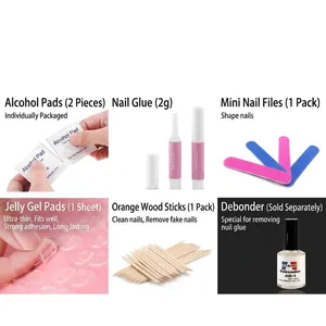 Professional nail art tool kit including prep pads, glue, jelly stickers, and nail file