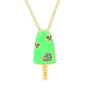Creative fluorescent green popsicle pendant necklace with heart gems and HAPPY engraving