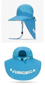 Detail of blue children's sun hat featuring a neck protective flap and mesh ventilation