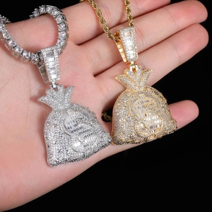 Colliers pendentifs sacs d'argent or et argent avec zircons, style hip hop pour hommes