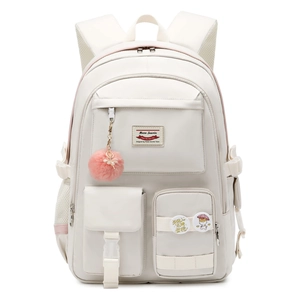 Large capacity creamy white school backpack with pink zippers for students and laptop storage