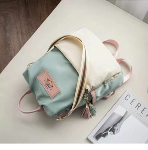 Detailed overhead view of the mint green and beige Oxford backpack with tassel charm