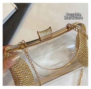 Close-up of transparent acrylic evening bag with gold hardware and sparkling rhinestones