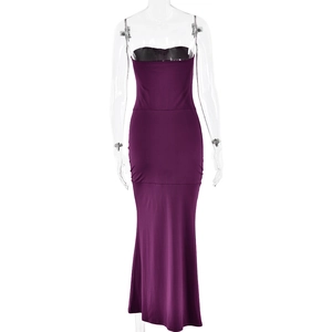 Detail view of purple tube top dress with black stitching and bodycon fit on mannequin