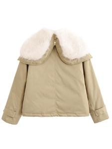 Close-up of khaki parka jacket with plush white faux fur collar and zipper detail