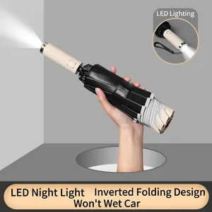 Automatic Reverse Folding Umbrella With LED Light Handle Reflective Edge Windproof Reinforced Ribs UV Protection Sun Rain