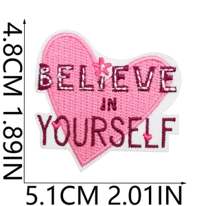 Detailed size measurement of pink heart embroidery patch with Believe in Yourself text