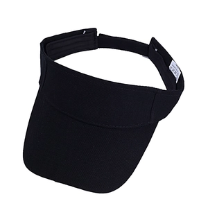 Close-up of black cotton sun visor with adjustable strap and care label detail