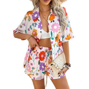 Bohemian floral short set for women featuring pink blouse and matching patterned shorts