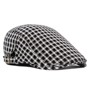 British vintage black and white checkered flat cap with adjustable side metal buckle