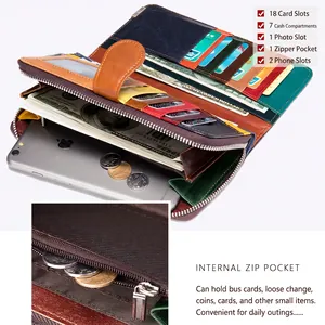 Portefeuille femme en cuir véritable avec fentes pour cartes et intérieur bicolore