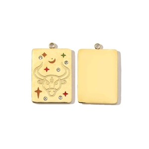 14K gold plated stainless steel Taurus zodiac square pendant with colorful rhinestones