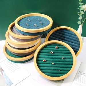 Round Jewelry Ring Display Tray Bamboo Wood Multi Slot Velvet Lining Organizer For Store Showcase Home