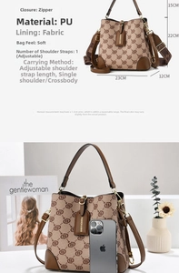 Detailed view of brown bucket bag showing PU texture, dimensions, and adjustable strap