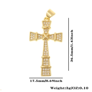 Detailed size specifications for a gold micro-pave zircon cross pendant measuring 36.5x17.5mm