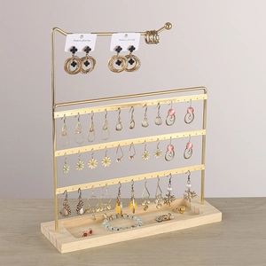 Jewelry Display Stand Metal Earring Holder With Wooden Base Multi Layer Necklace Organizer Desktop Storage Rack