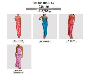 Détails de robes longues bustier à fleurs en motifs orange, bleu et rouge imprimés