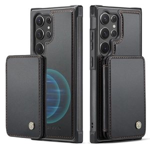 Magnetic leather wallet phone case for Samsung S24 Ultra with stylish orange stitching