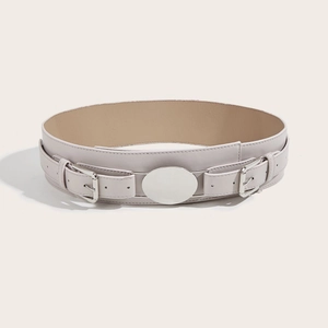Chic light gray wide waist belt with double buckles and central metal plate for dresses