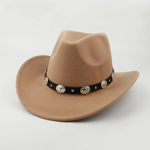 Camel western cowboy hat with black faux leather band and silver metal studs on white background