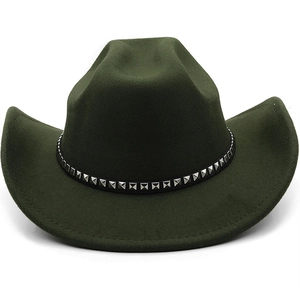 Western Cowboy Hat Felt Wool With Square Rivets Studded Leather Band Wide Curled Brim Retro Jazz Fedora Unisex