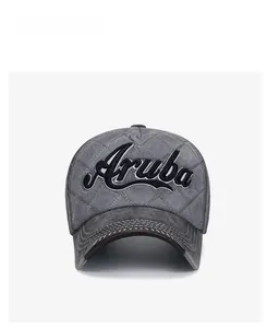 Detail of vintage grey baseball cap with Aruba embroidery and quilted diamond stitching