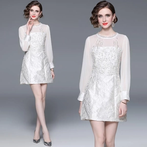 Elegant white slim fit lace jacquard dress with sheer organza long sleeves
