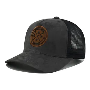 Side view of dark grey suede mesh trucker cap with brown Enjoy Life leather patch