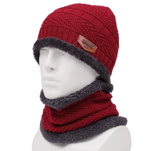 Women's winter thick knit earflap hat and scarf set with warm fleece lining in dark red