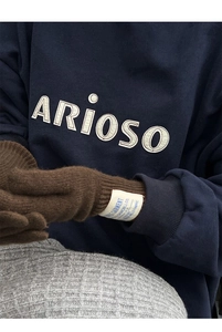 Detail of wool knit gloves in brown and vintage navy sweatshirt with felt lettering