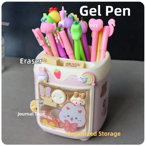 Detailed view of pink cartoon pig pen holder with various cute pens and 3D stickers