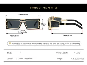 Size guide with detailed dimensions for punk metal frame sunglasses with grey lenses