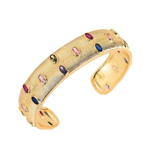 Italian style cuff bracelet with multi-color gemstones in 18k gold brushed finish