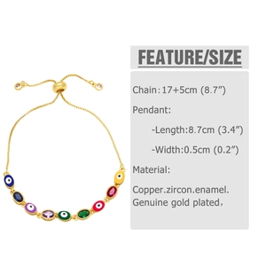 Detail view of Evil Eye bracelet with dimensions 17 plus 5cm and enamel charm specs